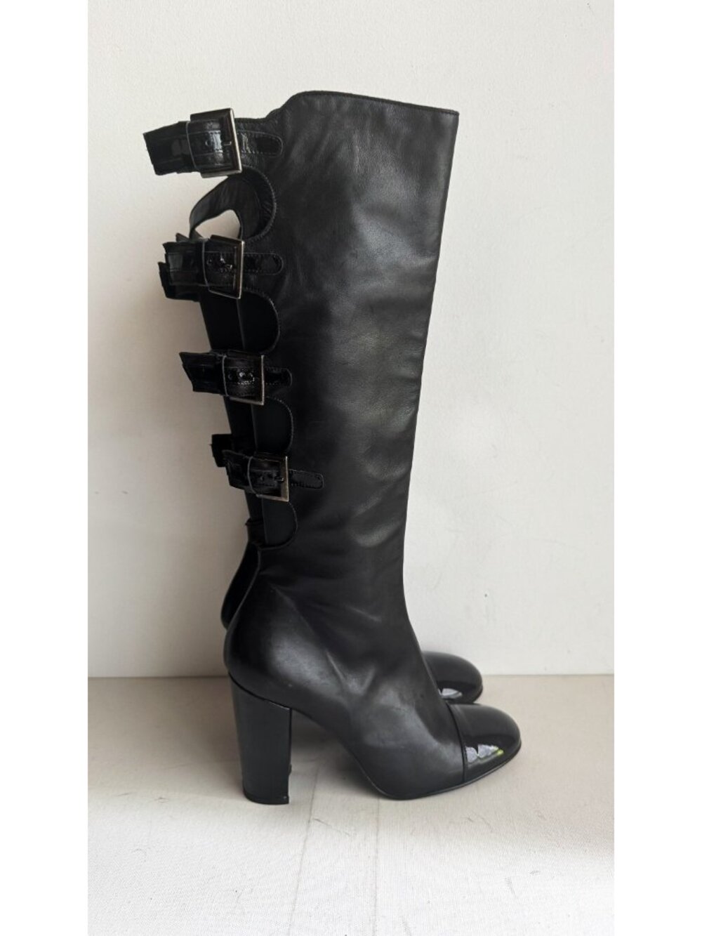 Vintage Mimosa Black Leather Open Back Buckle Detail Heels 39
